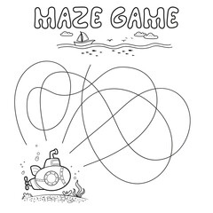 Maze puzzle game for children. Outline maze or labyrinth. Find path game with submarine.