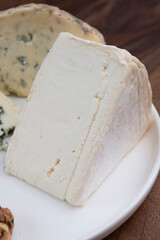 French cheeses, blue sheep cheese roquefort and Delice de Bourgogne cow's milk cheese from Burgundy