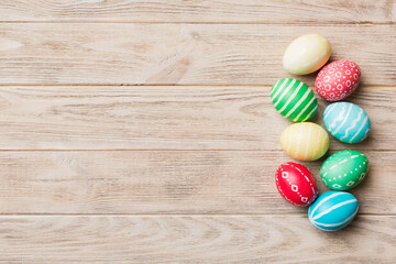 Naklejka premium holiday preparation Multi colors Easter eggs on colored background . Pastel color Easter eggs. holiday concept with copy space