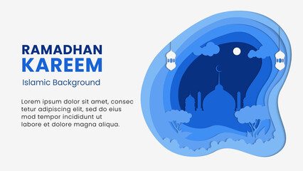 Vector graphic of Islamic background using paper cut out style with blue and white color scheme. Perfect for Ramadhan Kareem greeting card