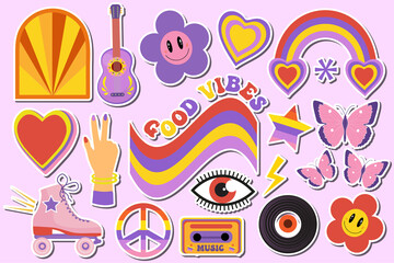 Retro 70s, hippie sticker objects set, psychedelic trippy groovy elements for t-shirts. Cartoon funky vintage hippy style element new trend of the 2022 year. vector illustration, clip art