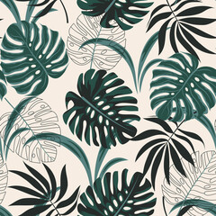 Seamless pattern with tropical plants. Summer background with exotic leaves. Seamless floral pattern. Creative design for fabric, paper, cover, interior decor and other users. Trend vector design.