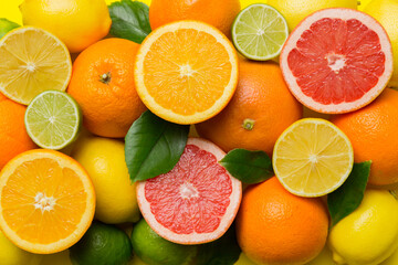 Fototapeta na wymiar Flat lay of citrus fruits like lime, orange and lemon with lemon tree leaves on light colored background. Space for text healthy concept. Top view