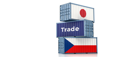Freight containers with Czech Republic and Japan national flags. 3D Rendering 