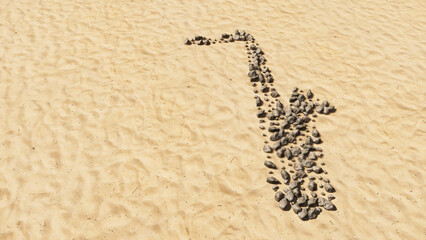 Concept conceptual stones on beach sand handmade symbol shape, golden sandy background, saxophone sign. 3d illustration metaphor for music, concert, accoustic, festival, jazz, lifestyle, entertainment
