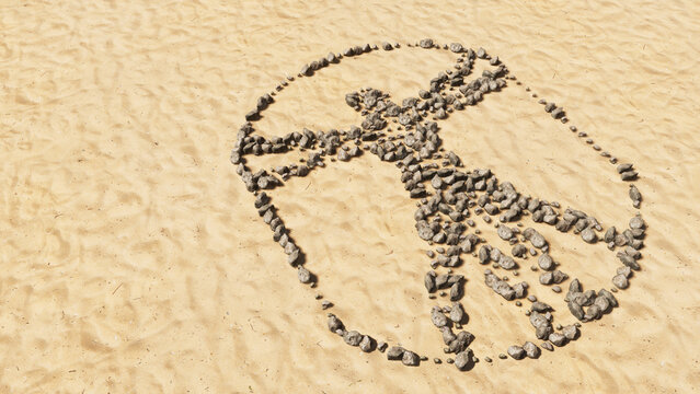 Concept or conceptual stones on beach sand handmade symbol shape, golden sandy background, sign of vitruvius man. A 3d illustration metaphor for architecture, renaissance, anthropology and physiology