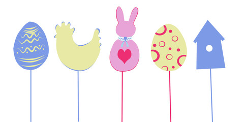 Colored border of Easter eggs, hare, chicken and birdhouse.