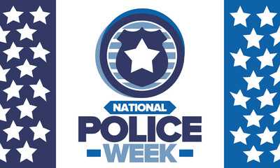 National Police Week. Celebrated annual in May. In honor of the United States police hero. Police badge and star. Officers Memorial Day. American patriotic design. Vector poster, creative illustration