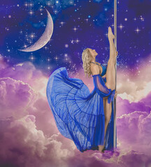 Poledance blonde with a beautiful figure with long legs a dancer in a blue beautiful outfit beautifully and gracefully in leg-split stands beautifully near a pylon in the clouds with a fantasy moon