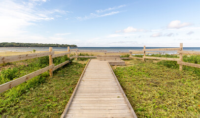 Fototapeta na wymiar conservation area, environment and ecology concept - wooden path on beach in nature reserve in Estonia