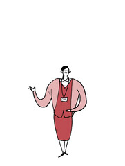 会社の制服を着た女性、キャリアウーマン、赤カラー（縦、下中央配置）