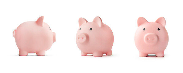 concept of preserving and saving money. Pink piggy bank isolated on white - obrazy, fototapety, plakaty