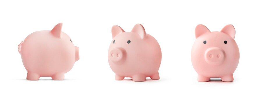 concept of preserving and saving money. Pink piggy bank isolated on white
