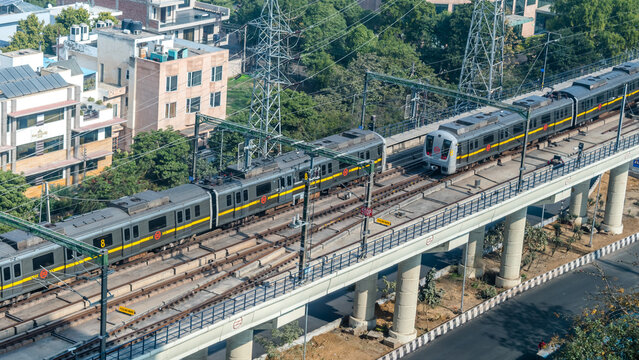 New Delhi, Gurgaon, Gurugram - Aerial view of Gurgaon Delhi Metro elevated corridor