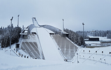 Ski jump covered in snow at Holmenkollen, January 2018