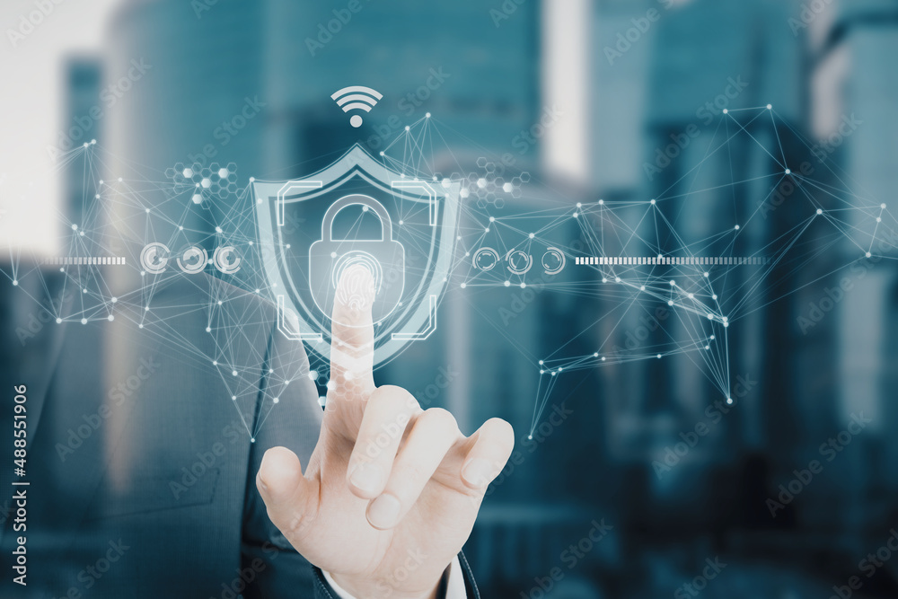 Poster close up of businessman hand pointing at creative digital business shield with polygonal fingerprint