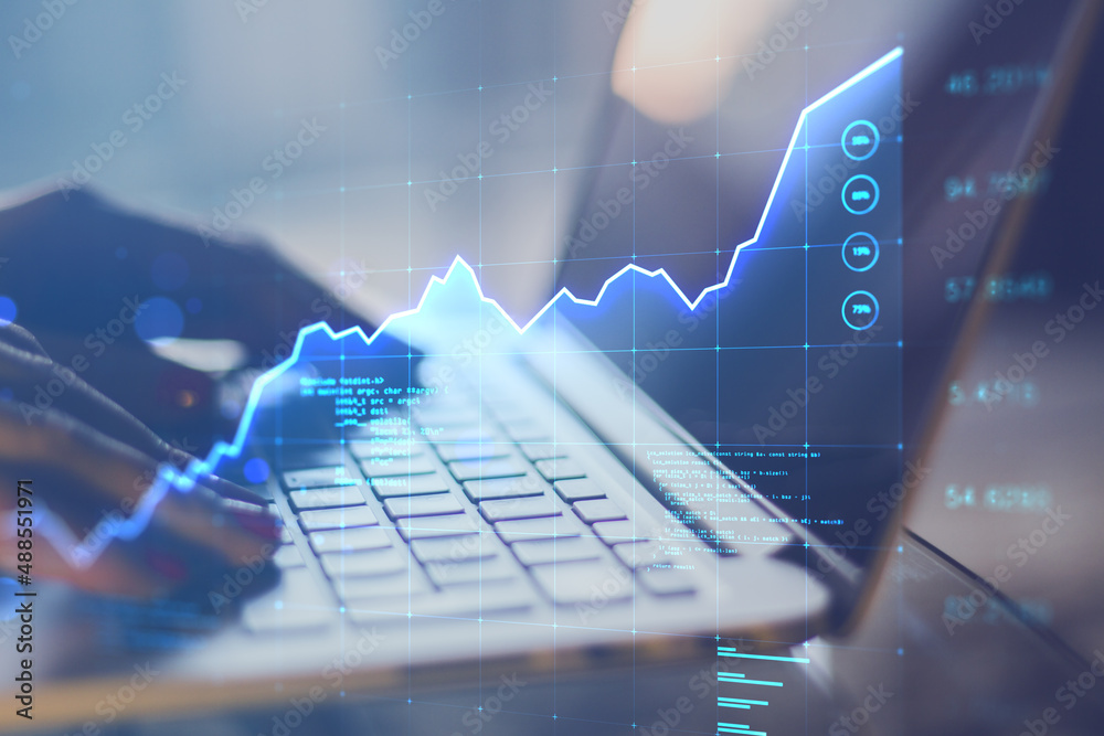 Poster Close up of hands using laptop keyboard with abstract glowing business chart hologram on blurry background. Stock, technology and financial growth concept. Double exposure.