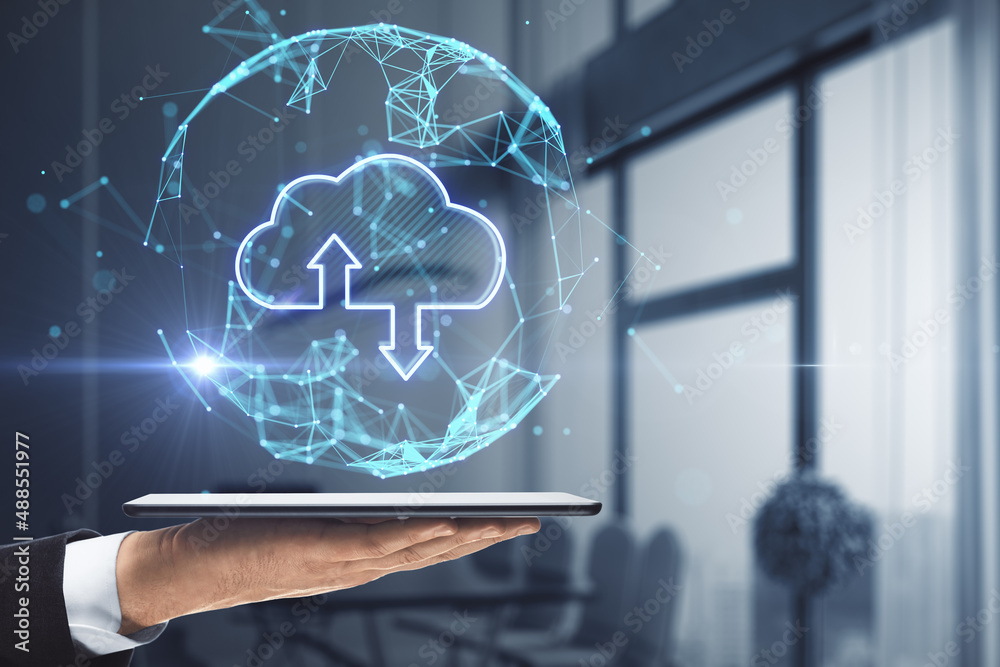 Poster close up of businessman hand holding tablet abstract glowing polygonal sphere with cloud and arrows 