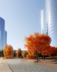 3d render of modern blue buildings with blue sky and autumn orange trees on background.