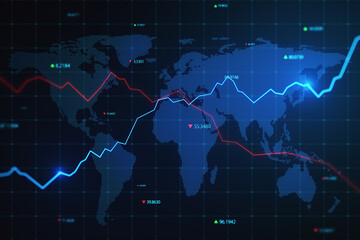 Creative glowing blue map hologram with chart and grid on blurry background. Economy, world and stock concept. 3D Rendering.