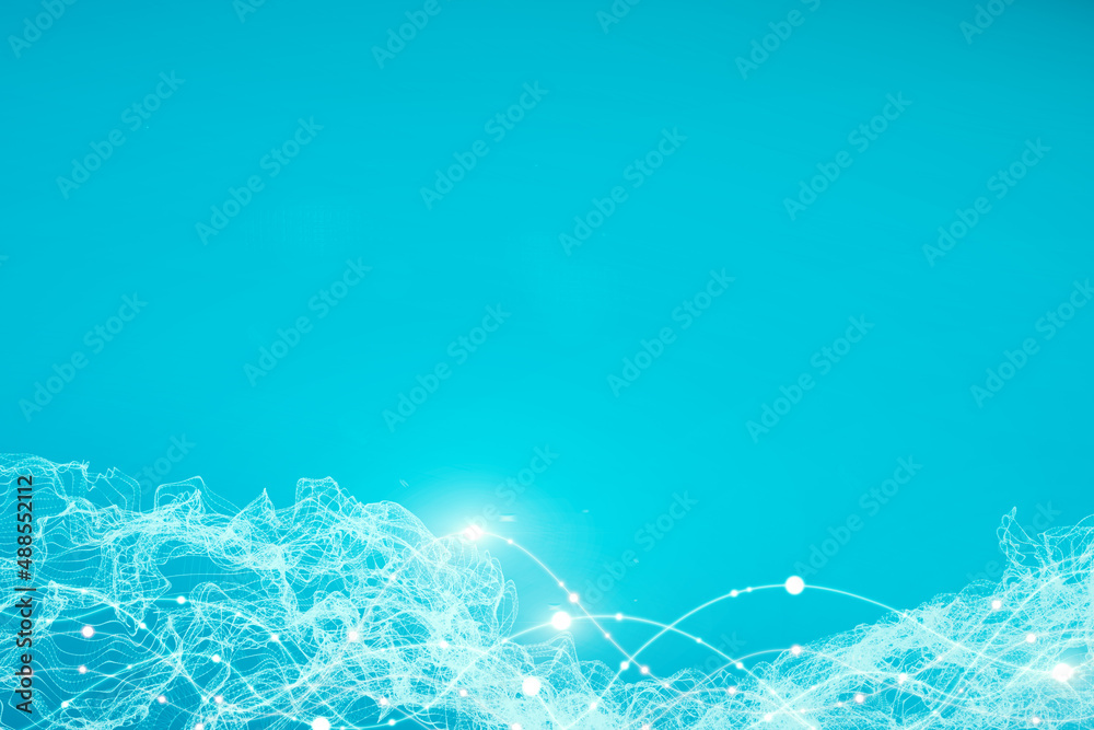Poster Close up of creative blue polygonal backdrop with mesh and mock up place for your advertisement. Network and science concept. 3D Rendering.