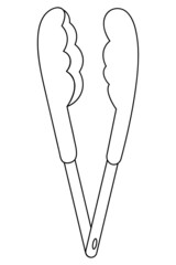 Barbecue tongs. The tongs consist of two parts connected by a hinge. Sketch. Tool for turning and removing food from the grill. Vector illustration. Coloring. Outline on isolated background. 
