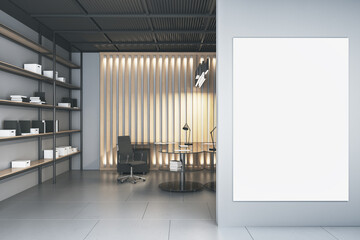 Modern office interior with empty mock up poster on wall, desk, chair, and bookcase. Design and workplace concept. 3D Rendering.