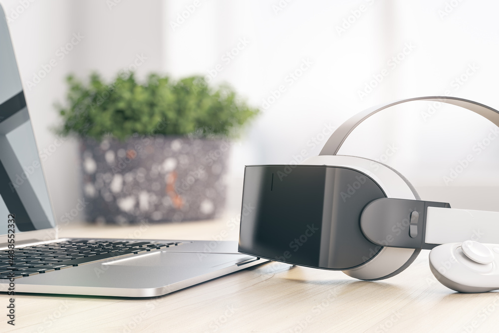 Aufkleber Close up of abstract VR glasses on blurry light office desktop background with laptop keyboard and other items. Device and augmented reality concept. 3D Rendering.