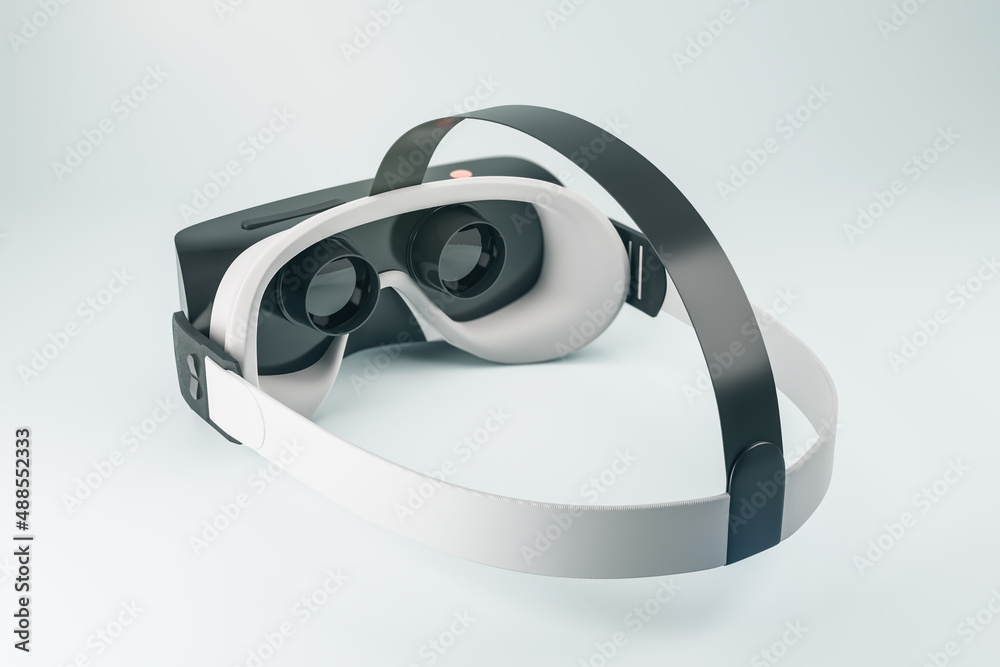 Poster Close up of virtual reality glasses on blurry background. Headset and gadget concept. 3D Rendering.