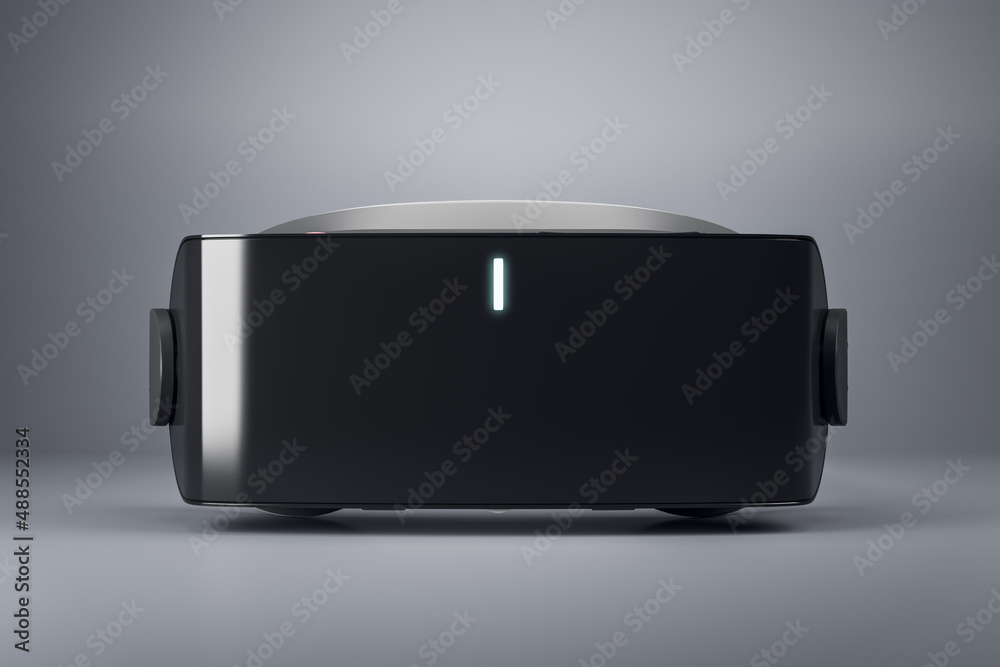 Poster Close up of creative virtual reality glasses on abstract blurry background with blank mock up place for your advertisement. Headset and gadget concept. 3D Rendering.
