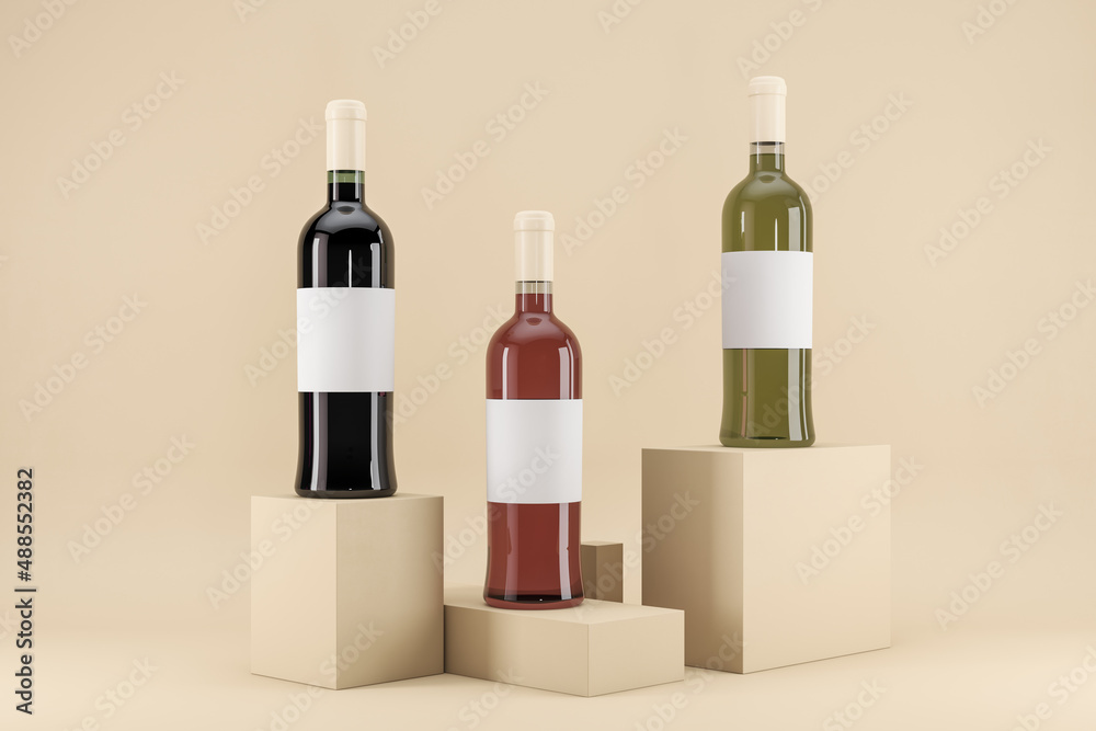 Poster Three wine bottles in the center of beige background on small light stages with blank white labels with copyspace for your logo. Red, rose and white wine concept. 3D rendering, mock up