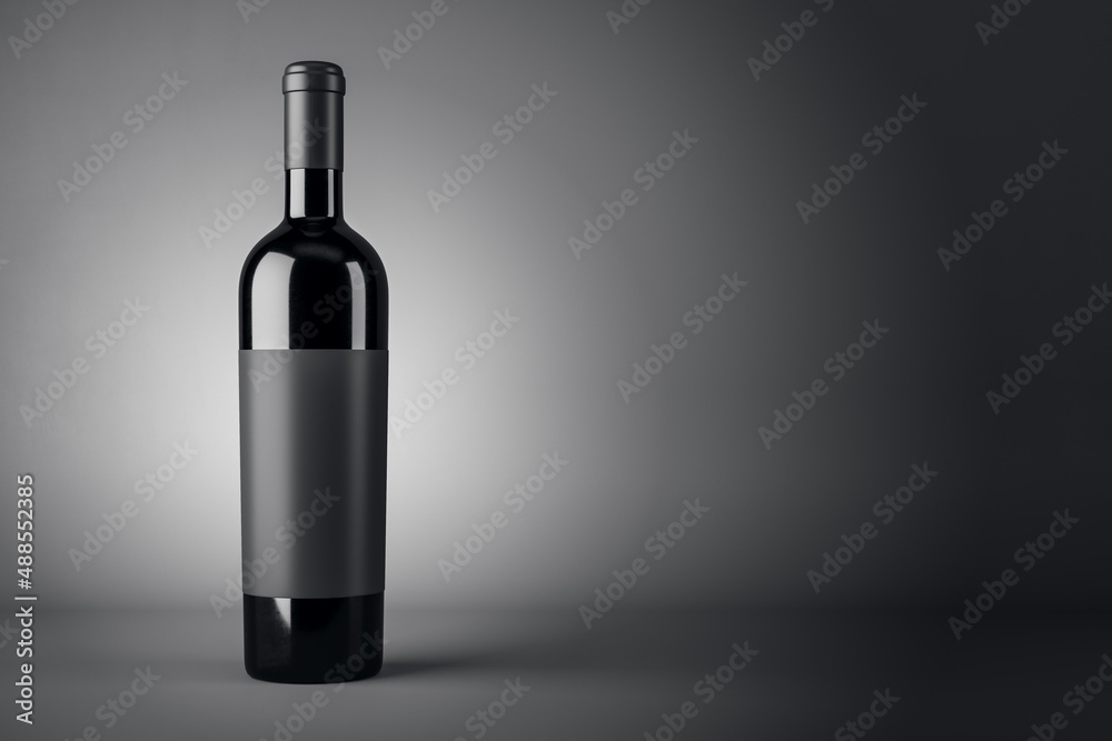 Poster Black wine bottle with empty blank label on abstract dark background with copyspace for your text, red wine concept. 3D rendering, mockup