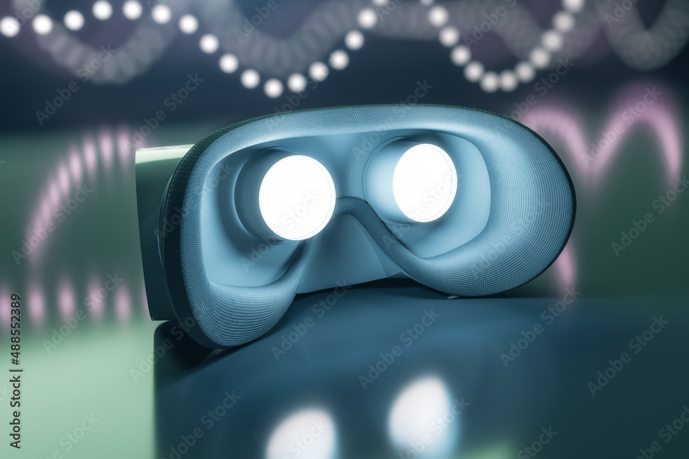 Aufkleber Close up of creative VR glasses on blurry light background with mock up place. Device and augmented reality concept. 3D Rendering.