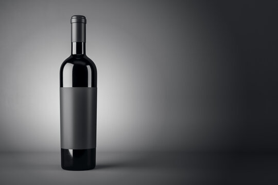 Black wine bottle with empty blank label on abstract dark background with copyspace for your text, red wine concept. 3D rendering, mockup