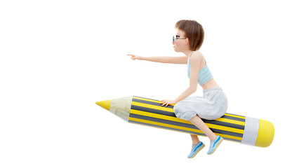 Little girl student is riding yellow pencil on white cloud. determined expression face and white background. 3d render.
