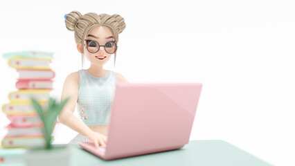 Happy young woman sitting on chair. enjoys studying learning and researching information from computer. pink laptop is placed on work desk. cartoon character, 3d rendering