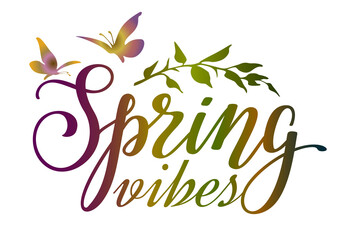 Spring vibes colorful lettering phrase with branch and butterflies. Spring vibes sign.
