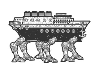 Fantastic fiction steamship vessel on mechanic robotic legs sketch engraving raster illustration. T-shirt apparel print design. Scratch board imitation. Black and white hand drawn image. © Oleksandr Pokusai