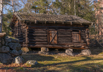 Old 1700s preserved log barn house with a birch bark roof a sunny winter day in Stockholm