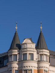 Roof with tower shaped as bay windows in the district Östermalm a sunny winter day in Stockholm