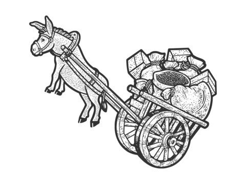 overloaded donkey with cart hung in air sketch engraving raster illustration. T-shirt apparel print design. Scratch board imitation. Black and white hand drawn image.