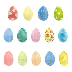 Watercolor Easter eggs set.  Colorful hand painted eggs on white background.