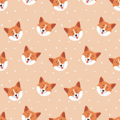 Corgi seamless pattern. Cute smiling welsh corgi faces and polka dot background. Happy dog characters. Vector illustration.