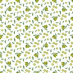 Seamless pattern with branch of green olives with fruits and leaves. Greek traditional food print on white background. Vector flat illustration