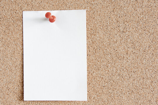 Blank white notepad with pins on cork board for reminders. with free space