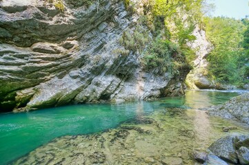 waterfall in the forest image taken in slovenia , bled lake area, europe