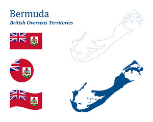 Bermuda map. British overseas territory in the North Atlantic Ocean. Detailed blue outline and silhouette. Country flag. Set of vector maps. All isolated on white background. Template for design.