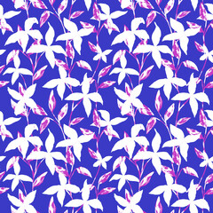 Blue, white, pink floral seamless pattern. Flowers, leaves repeat print in trendy colors. Fashion botanical design for textile, fabric, wallpaper, wrapping paper, decoration.