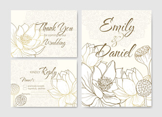 Set of wedding invitation templates with lotuses and mandala. Golden exotic pattern for floral wedding card, thank you, rsvp postcard.