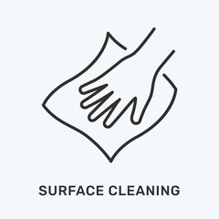 Surface cleaning line icon. Vector illustration of hand and tissue. Black outline pictogram for housekeeping equipment